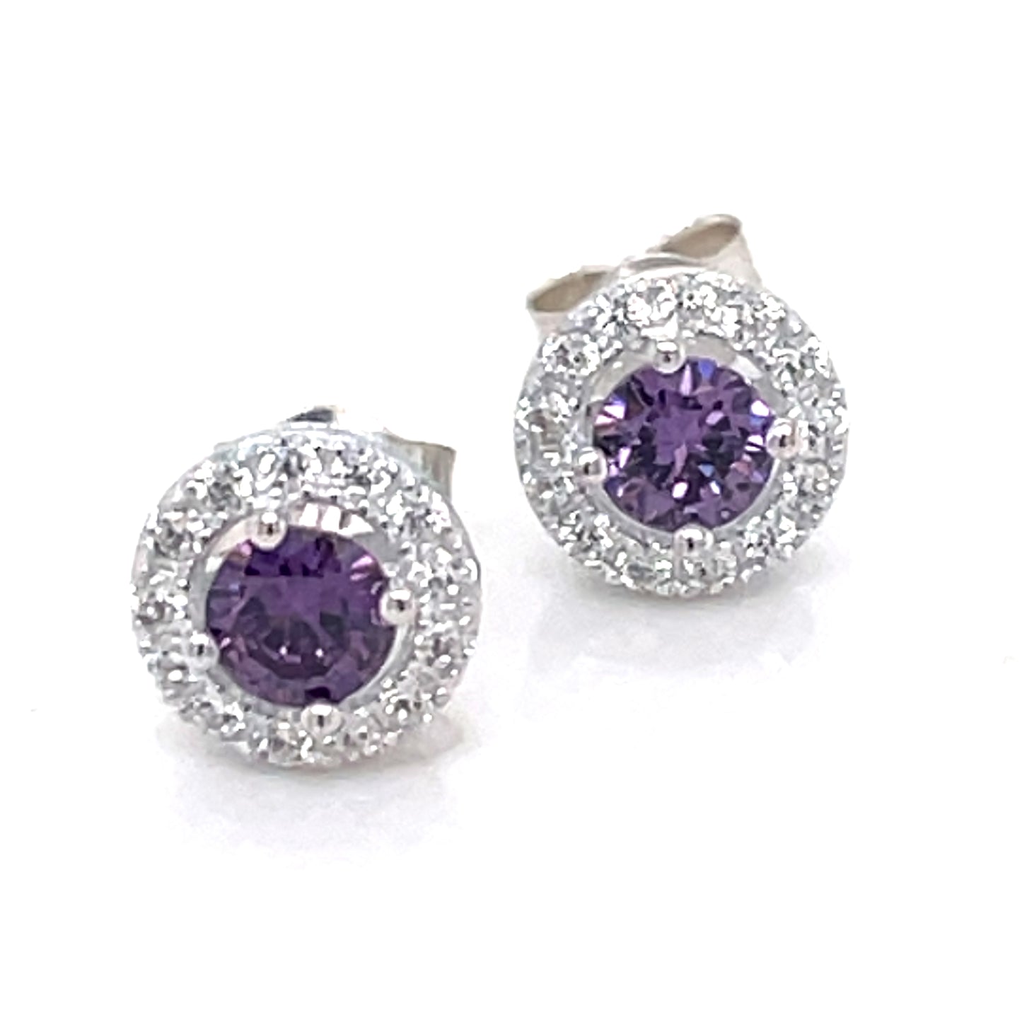 Silver Amethyst CZ Halo Stud Earrings 305/AM