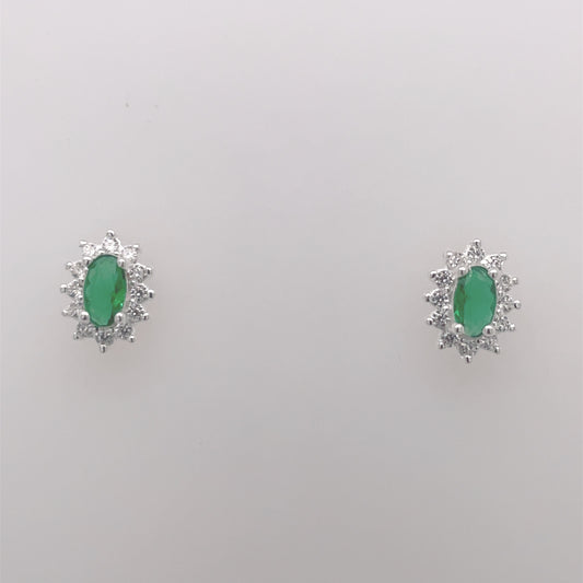 Silver Green CZ Oval Halo Stud Earrings 306EM