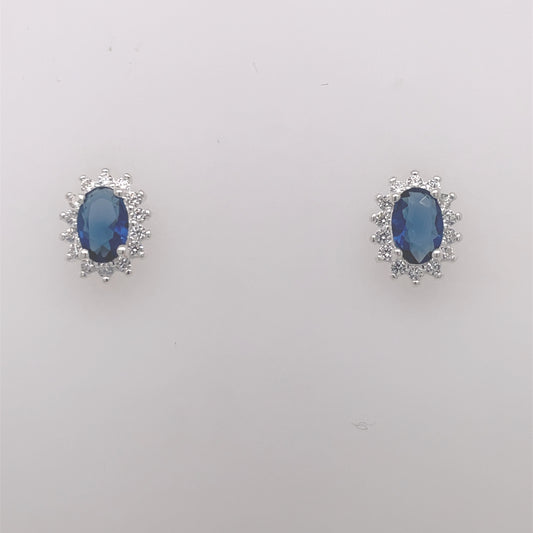 Silver Blue CZ Oval Halo Stud Earrings 306S