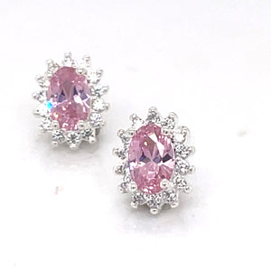 Silver Pink CZ Oval Halo Stud Earrings 306/P