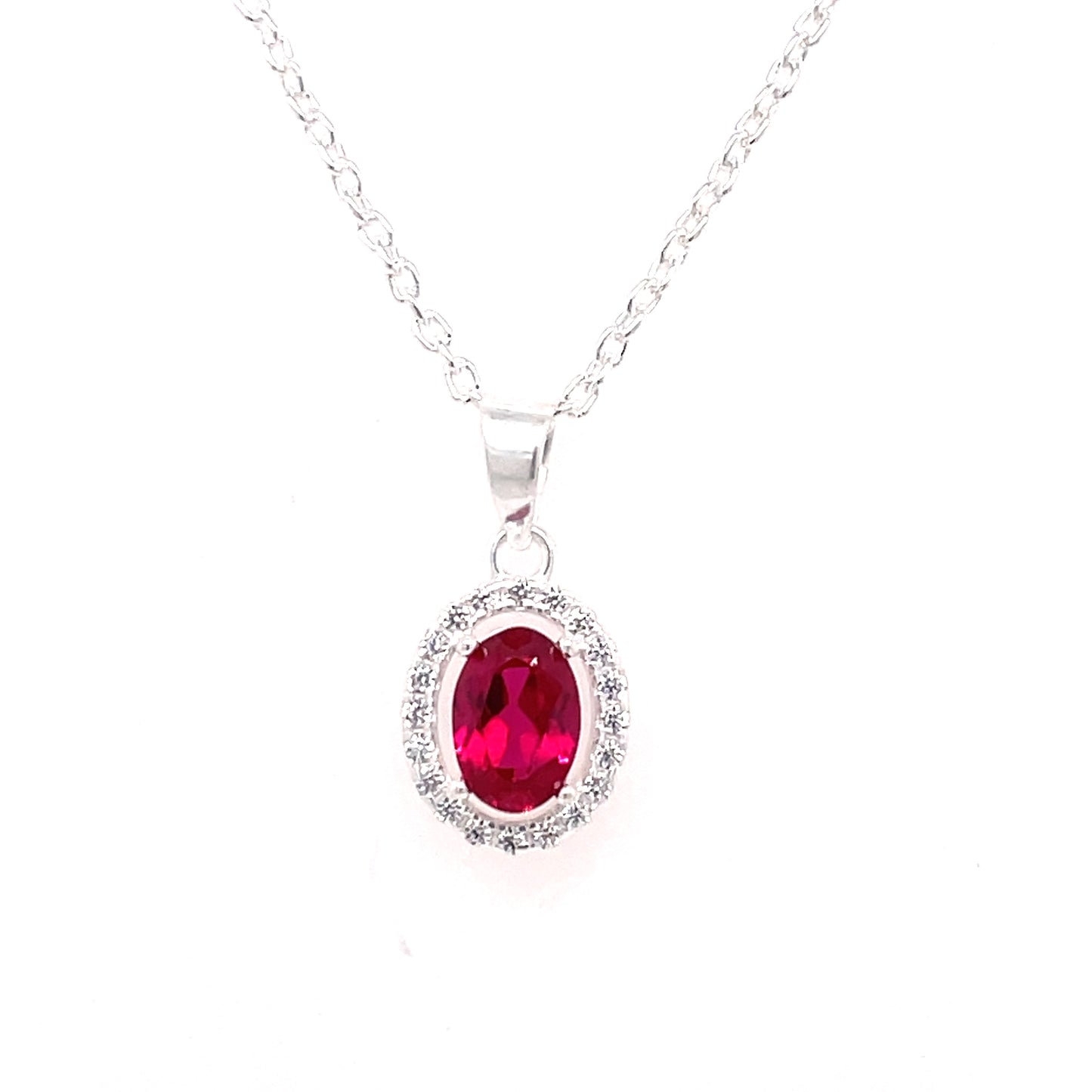 Sterling Silver Red CZ Oval Halo Pendant 307R