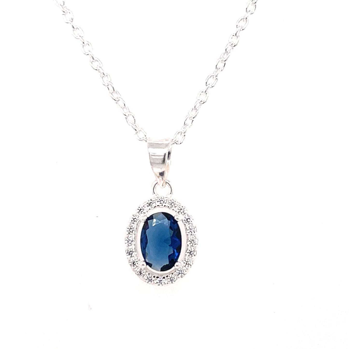 Sterling Silver Blue CZ Oval Halo Pendant 307S