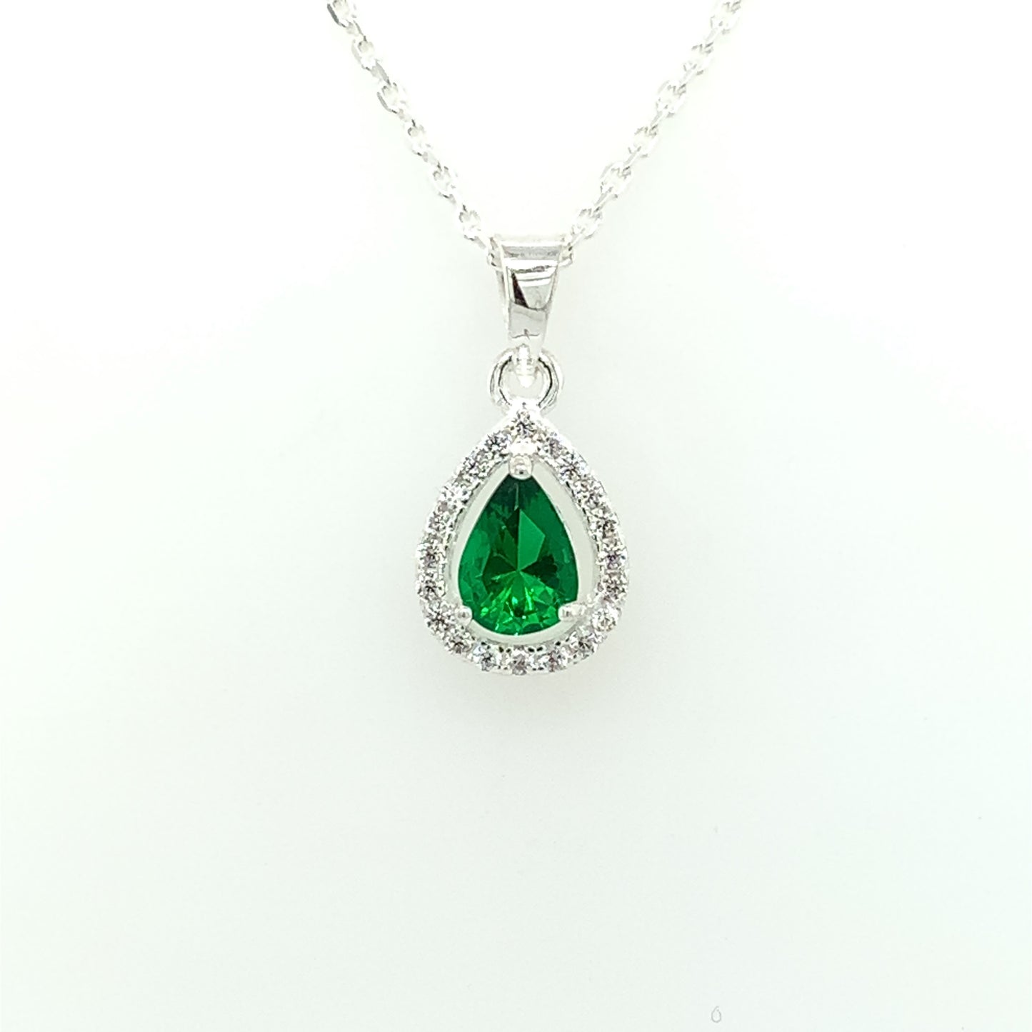 Sterling Silver Green CZ Teardrop Pendant 308/EM