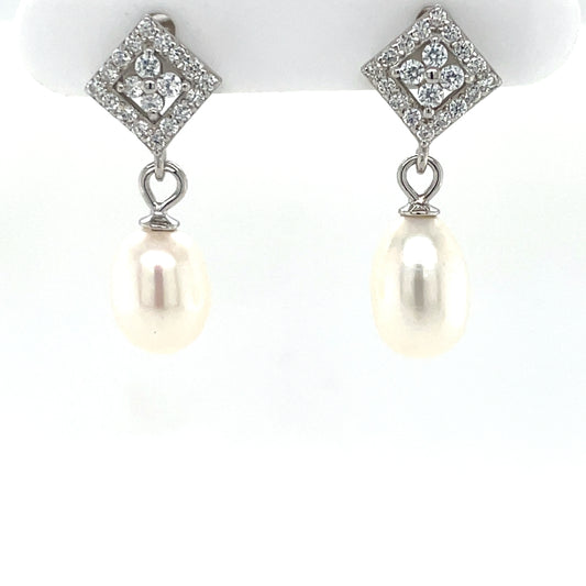 Sterling Silver CZ  Freshwater Pearl Baroque Drop Earrings SE3149