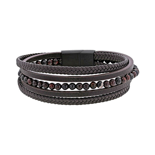 Men's Brown Leather & Obsidian Bracelet 3182011