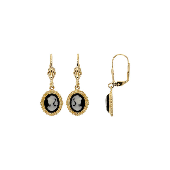 Bijoux D'Or 18ct Gold-Plated Black Cameo Drop Earrings 323196N