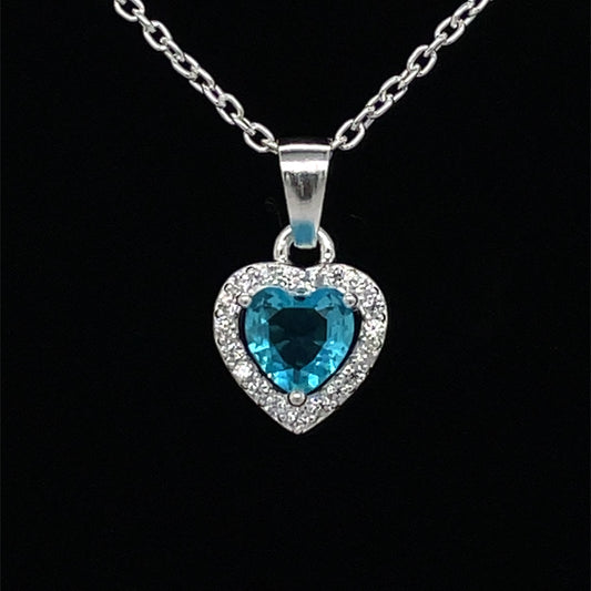 Sterling Silver Blue CZ Heart Halo Pendant 326BL