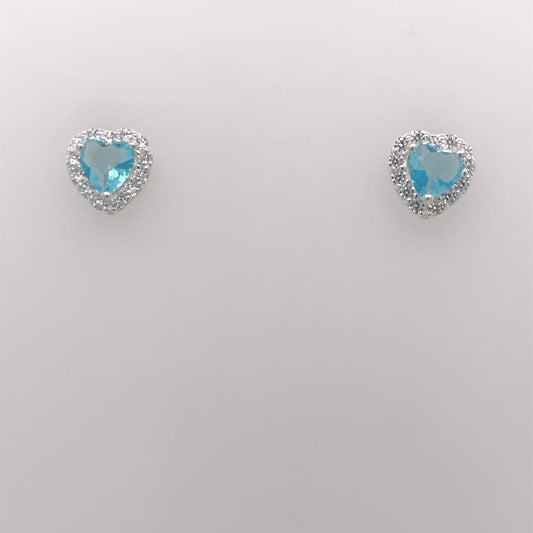 Silver Light Blue CZ Heart Halo Stud Earrings 326BT