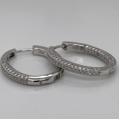 Silver 25mm Oval CZ Huggie Hoop Earrings SE3334