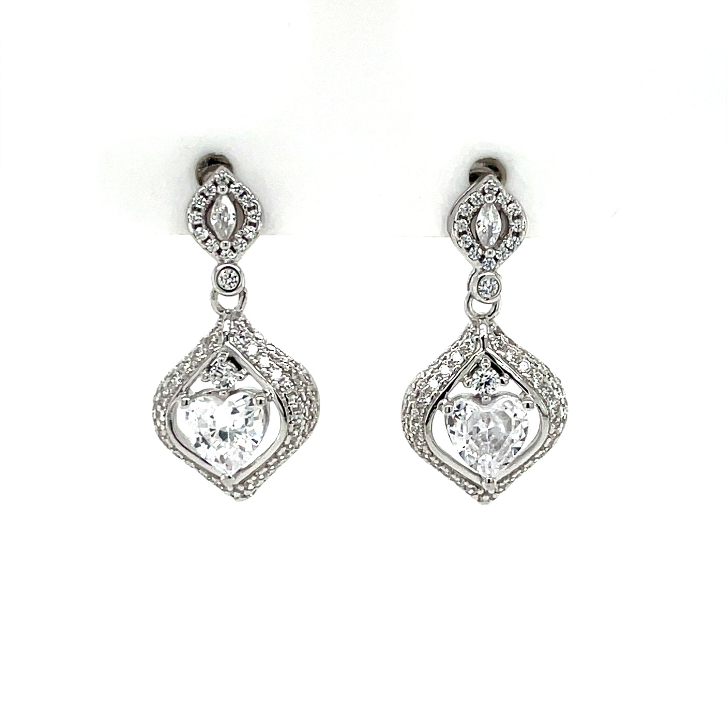 Silver CZ Heart Drop Earrings SE3550
