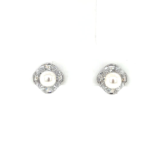 Sterling Silver Freshwater Pearl CZ Halo Stud Earrings SE3579