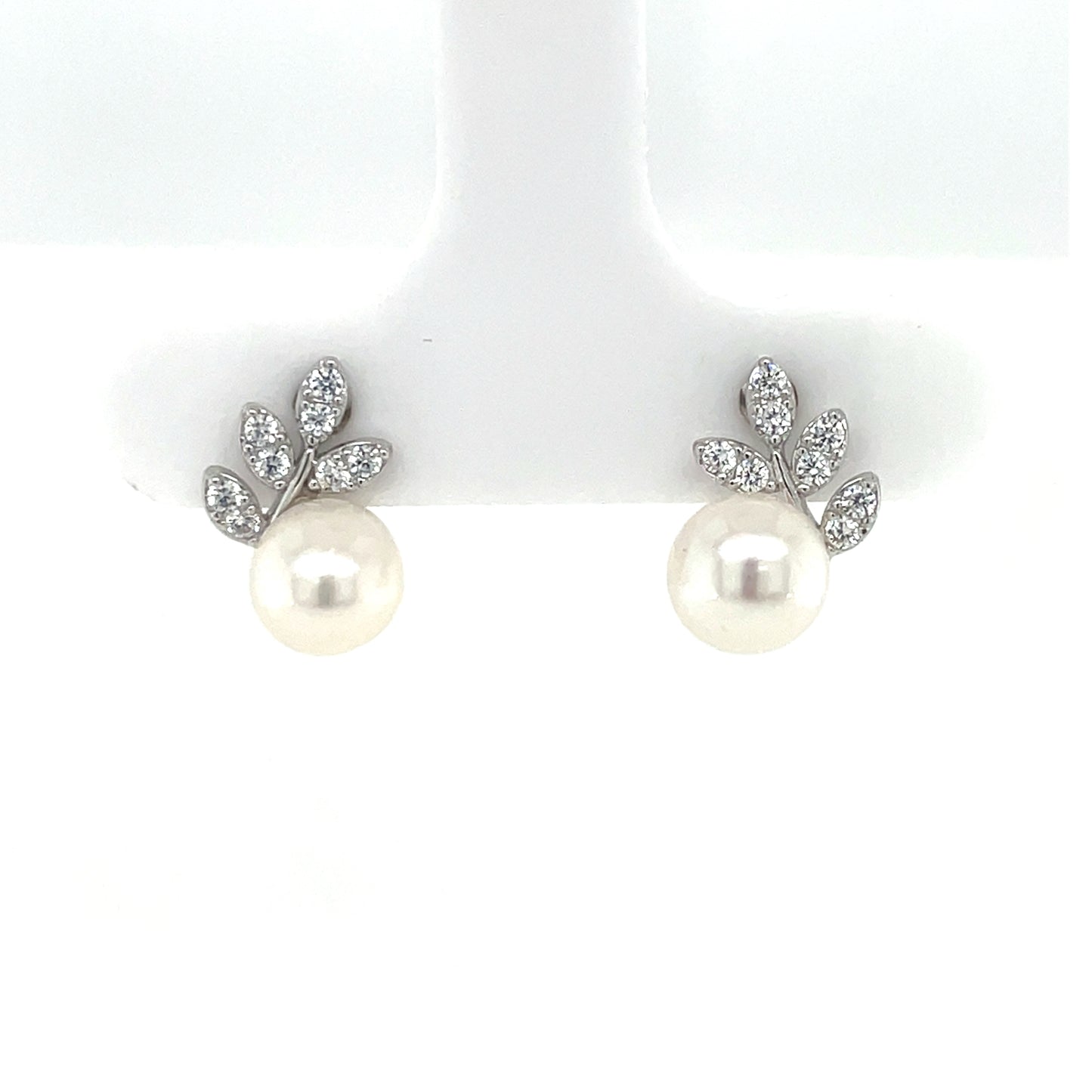 Sterling Silver CZ Freshwater Pearl Leaf Stud Earrings SE3580