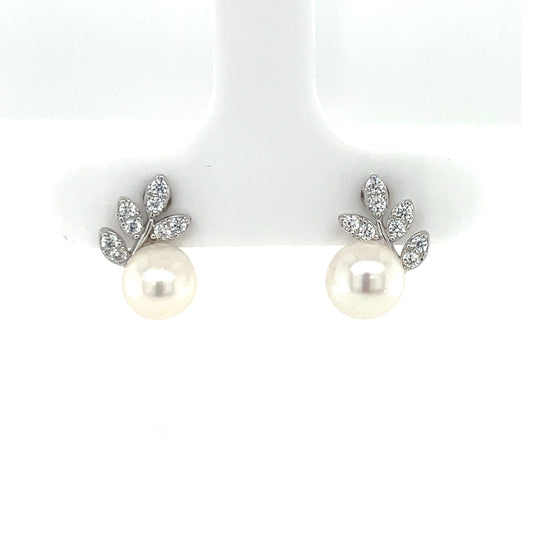 Sterling Silver CZ Freshwater Pearl Leaf Stud Earrings SE3580