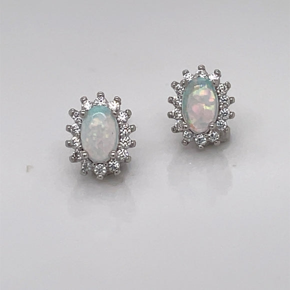 Silver Opal CZ Oval Cluster Earrings 406/W