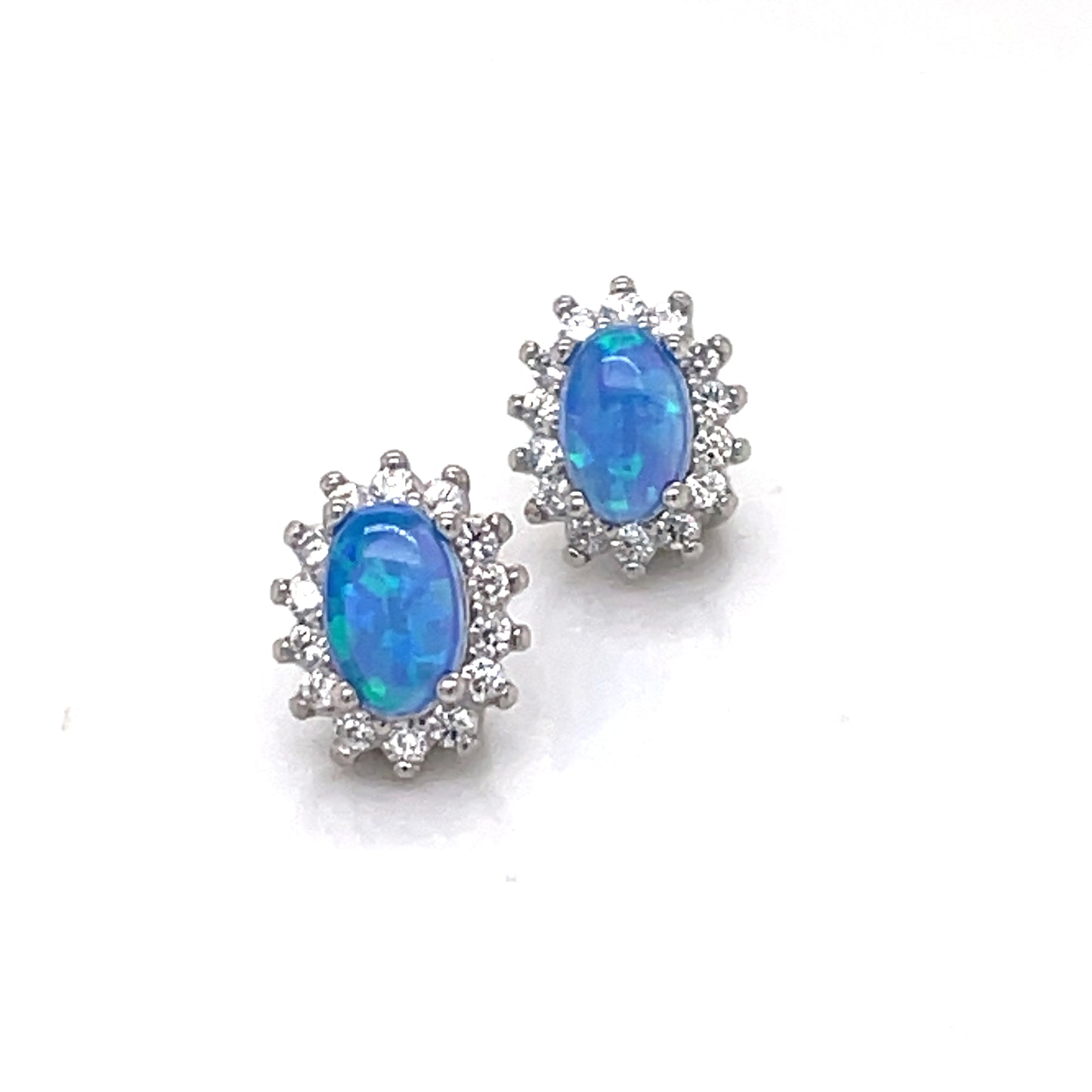 Silver Blue Opal CZ Oval Cluster Earrings 406/B