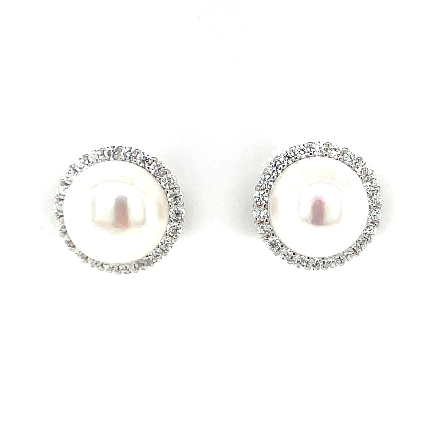 Sterling Silver CZ Freshwater Pearl Halo Stud Earrings SE412