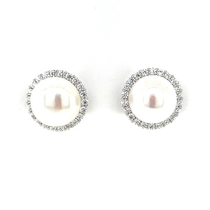Sterling Silver CZ Freshwater Pearl Halo Stud Earrings SE412
