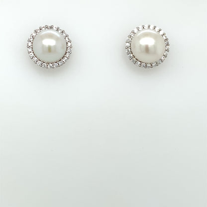 Sterling Silver CZ Freshwater Pearl Halo Stud Earrings SE412
