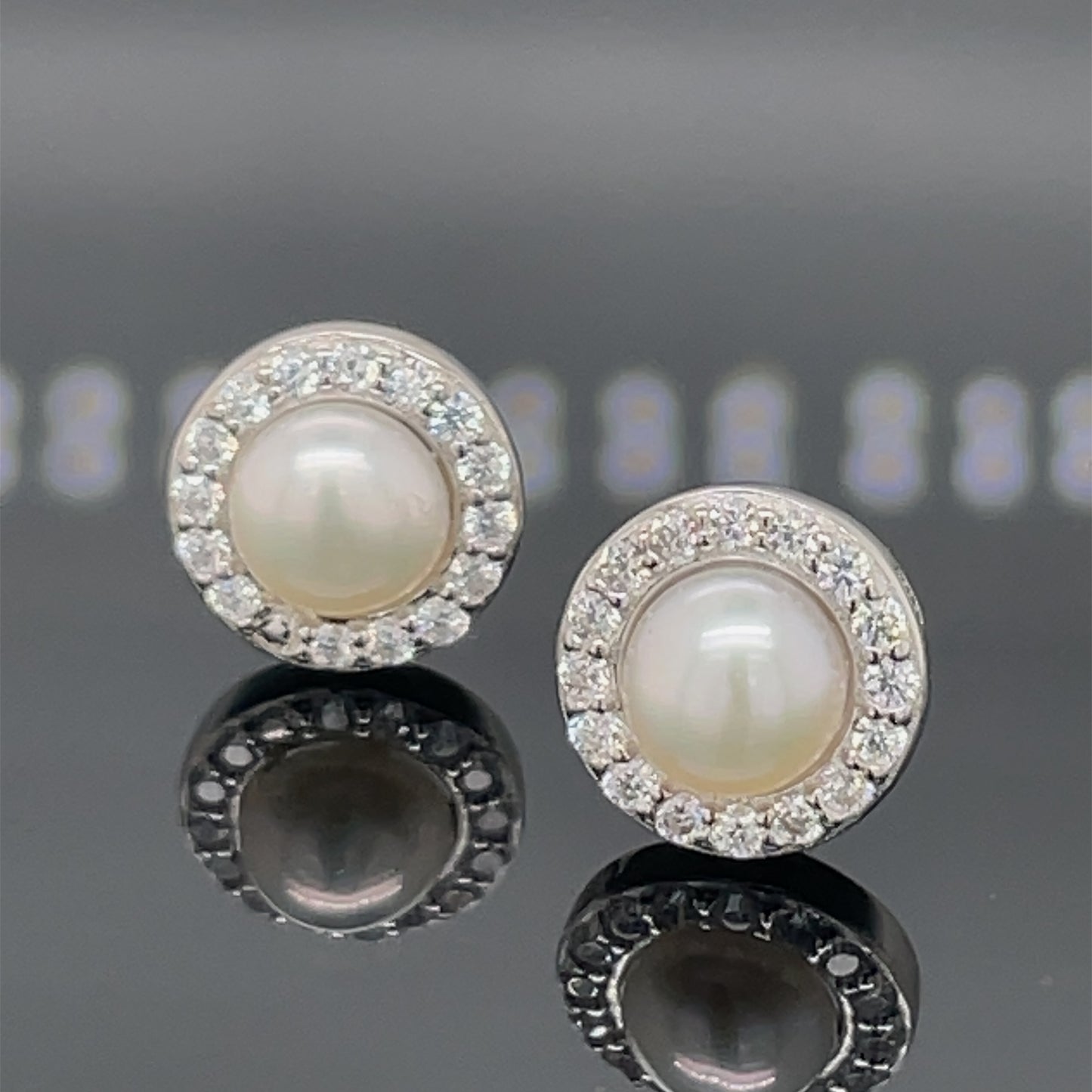 Sterling Silver CZ Pearl Halo Stud Earrings SE415