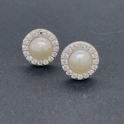 Sterling Silver CZ Pearl Halo Stud Earrings SE415