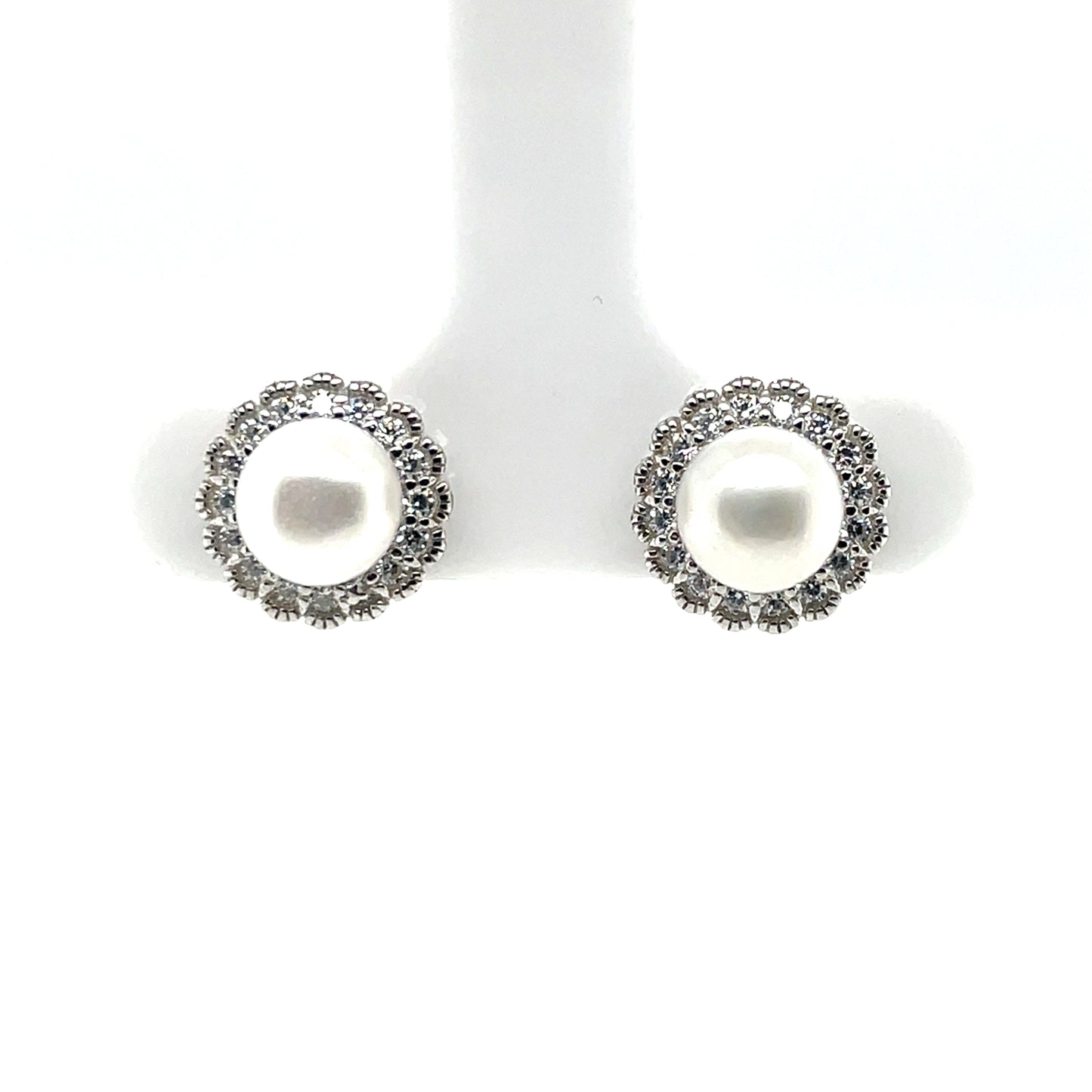 Sterling Silver CZ Pearl Halo Stud Earrings SE416