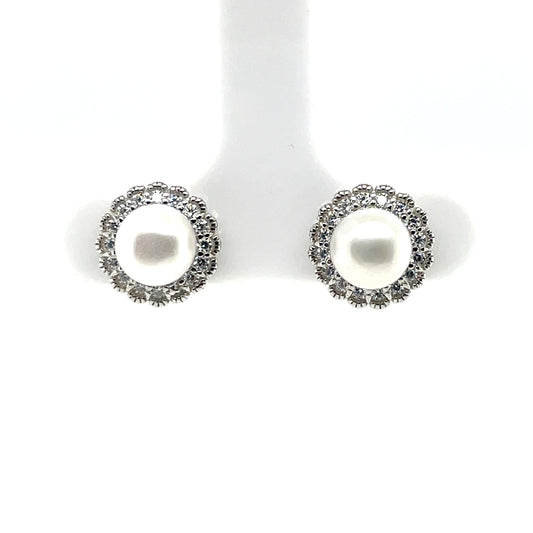 Sterling Silver CZ Pearl Halo Stud Earrings SE416