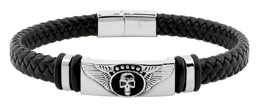 Men's Leather Bracelet Black Winged Skull 433934