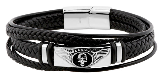 Men's Leather Bracelet Black Winged Skull 433935