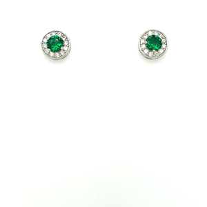 Sterling Silver Emerald CZ Halo Stud Earrings