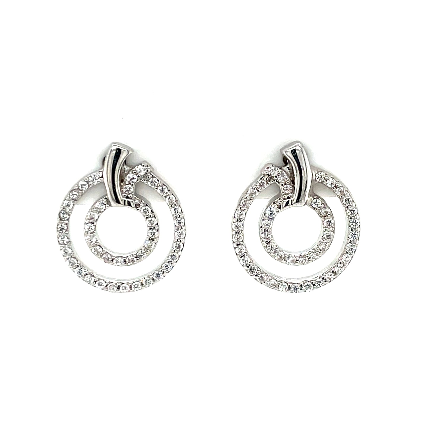 Silver Double Circle CZ Stud Earrings SE442