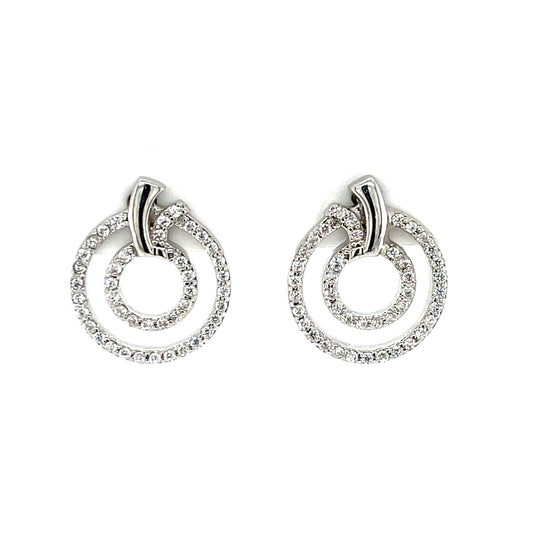 Silver Double Circle CZ Stud Earrings SE442