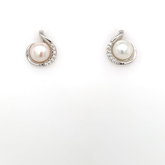 Sterling Silver CZ Freshwater Pearl Swirl Stud Earrings