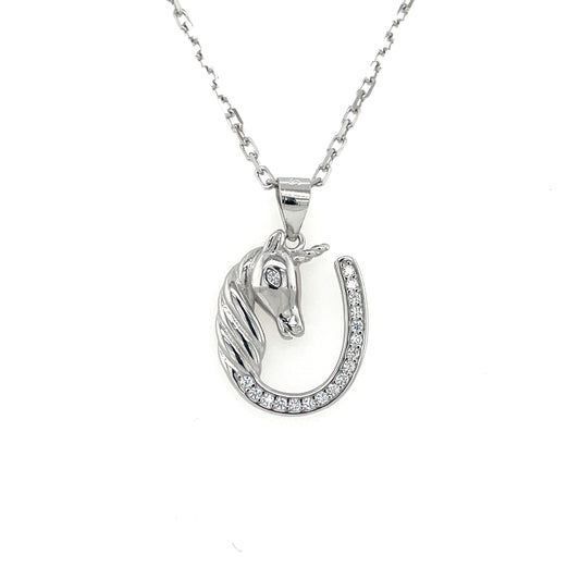 Sterling Silver CZ Horsehead & Horseshoe Pendant SP5276