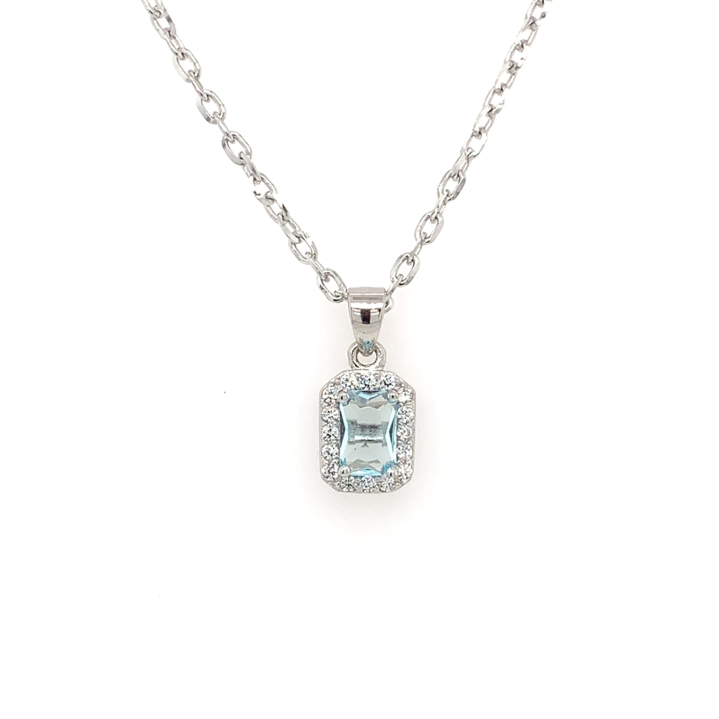 Sterling Silver Aqua CZ Rectangular Pendant