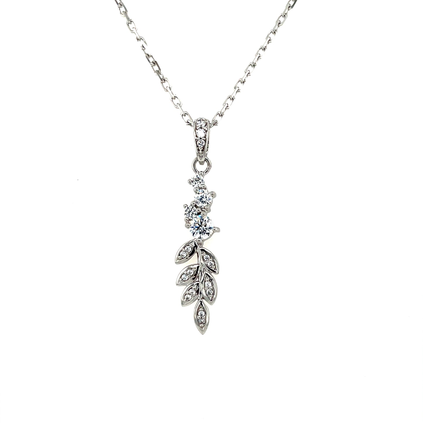 Sterling Silver Long CZ Leaves Pendant SP5628