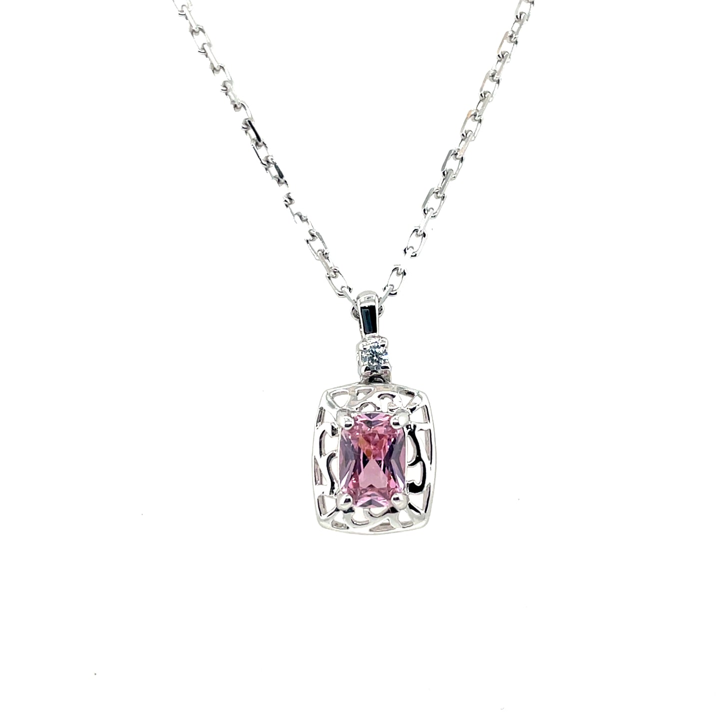 Sterling Silver Pink CZ Rectangle Filigree Pendant SP5885/P