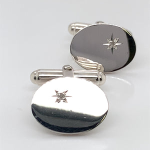 Sterling Silver Polished Oval Diamond-set Cufflinks