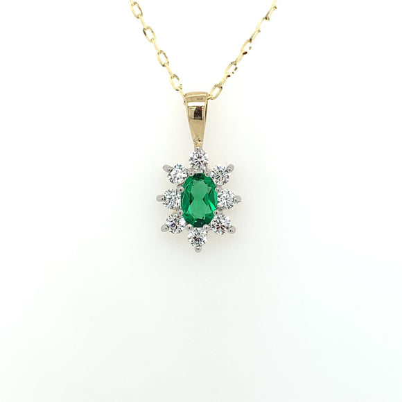 9ct Gold Syn Emerald & CZ Oval Cluster Pendant GPE36
