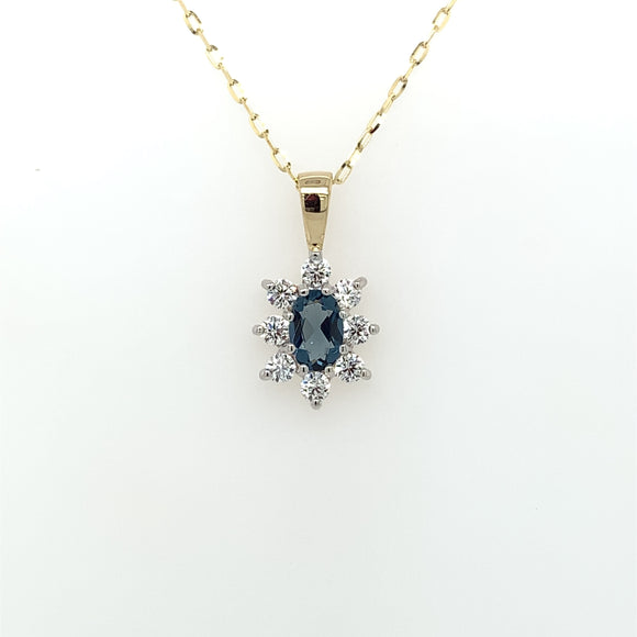 9ct Gold Syn Sapphire & CZ Oval Cluster Pendant GPS72
