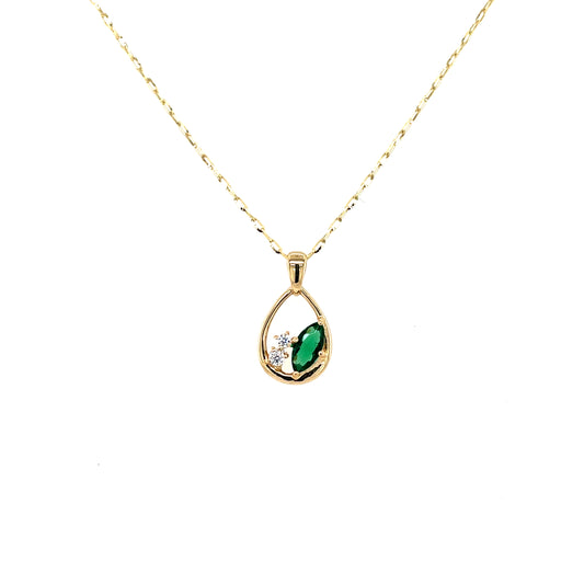 9ct Gold Syn Emerald & CZ Teardrop Pendant GPE47