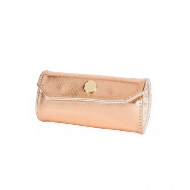 Glossy rose gold-coloured, embossed leatherette jewellery travel roll