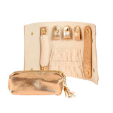 Glossy rose gold-coloured, embossed leatherette jewellery travel roll