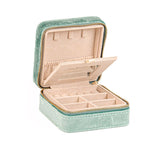 Square sage green jewellery box in man-made velvet