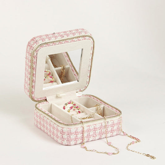 Square jewellery box with man-made pink tweed finish 718016