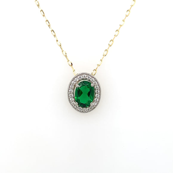 9ct Gold Syn Emerald & CZ Oval Halo Pendant GPE37