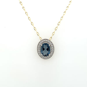9ct Gold Syn Sapphire & CZ Oval Halo Pendant GPS73