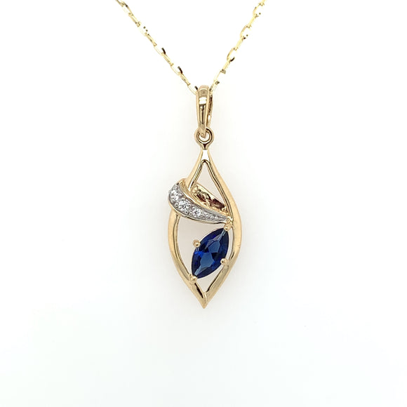 9ct Gold Syn Sapphire & CZ Marquise Pendant GPS74