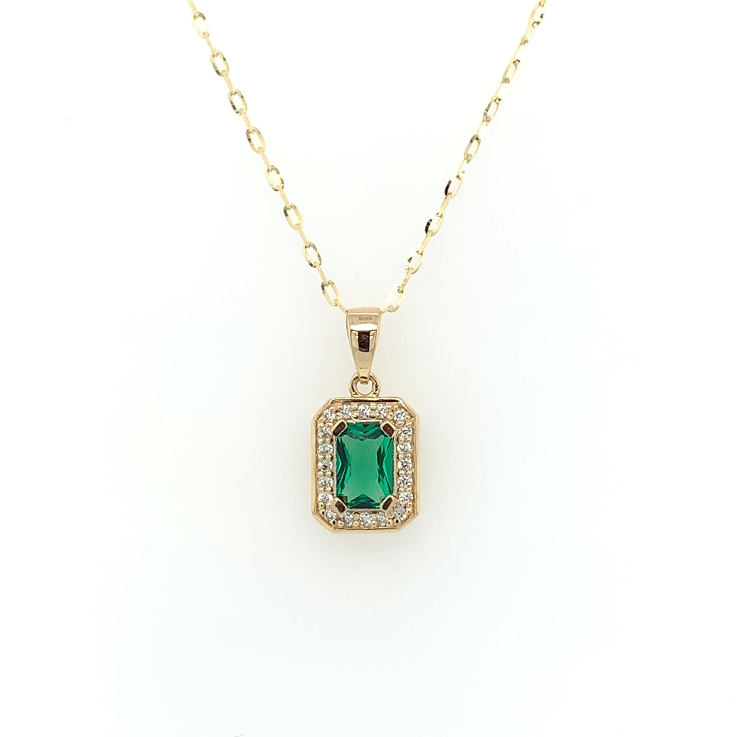 9ct Gold Syn Emerald & CZ Rectangular Halo Pendant GPE45