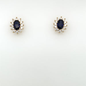 9ct Gold Created Sapphire & CZ Oval Cluster Stud Earrings GES092