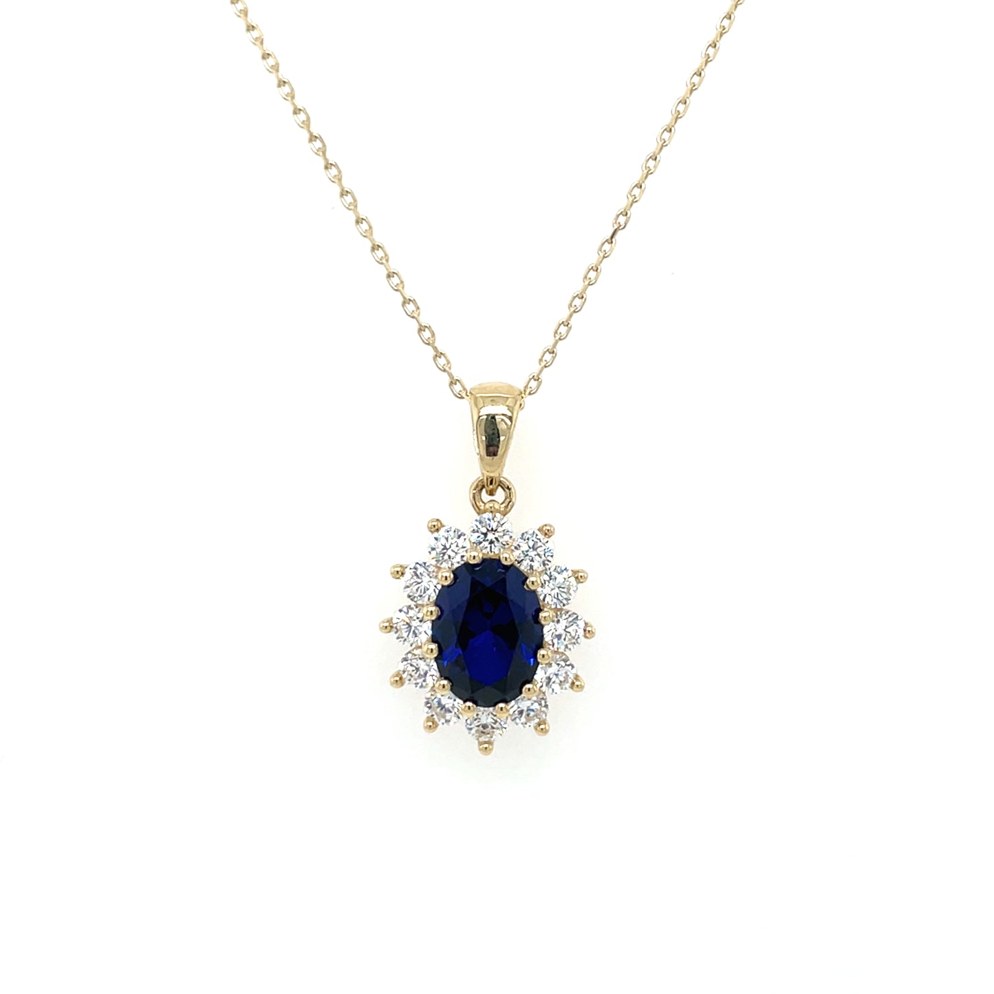 9ct Gold Created Sapphire & CZ Oval Cluster Pendant GPS87